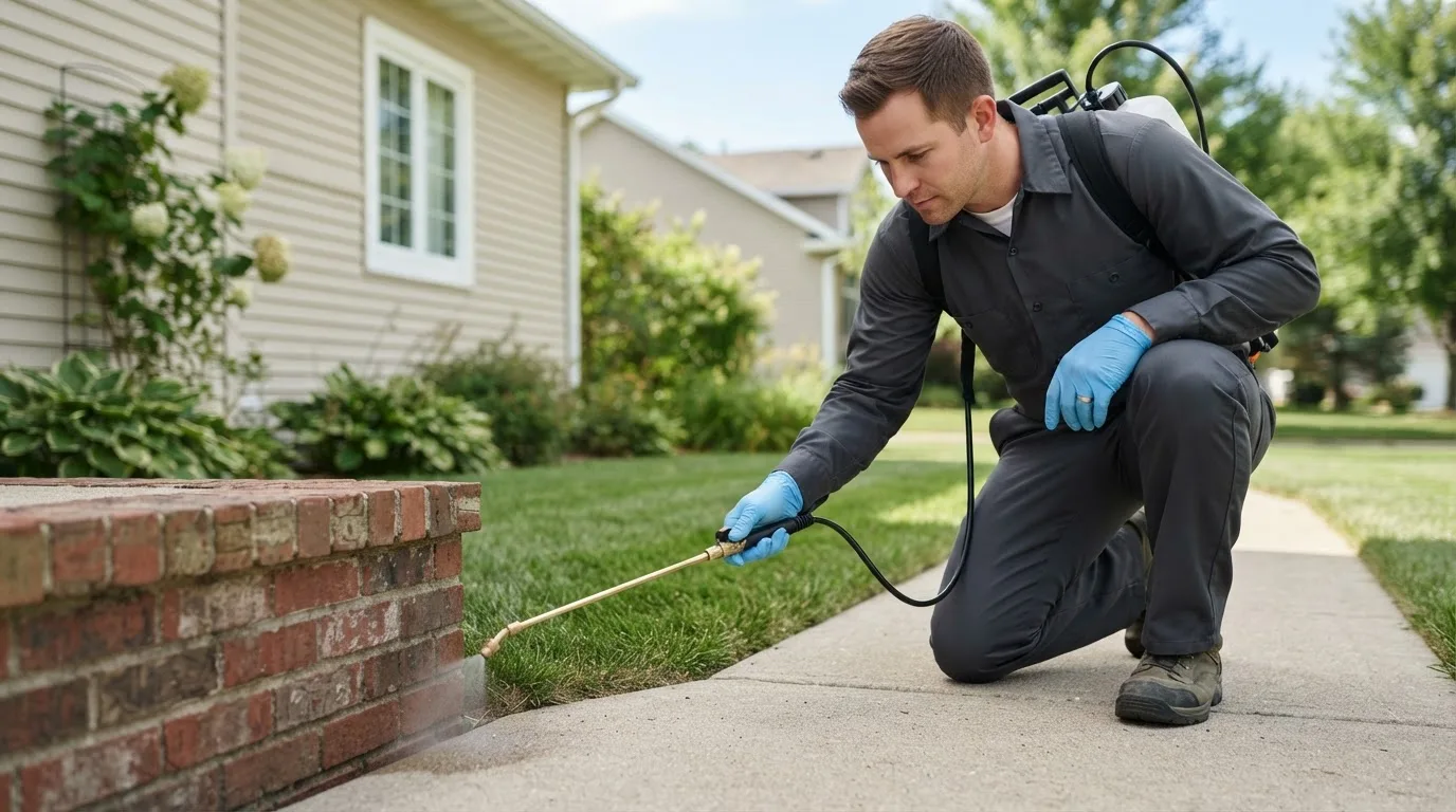 Pest control technician treating a home near Rossford, OH